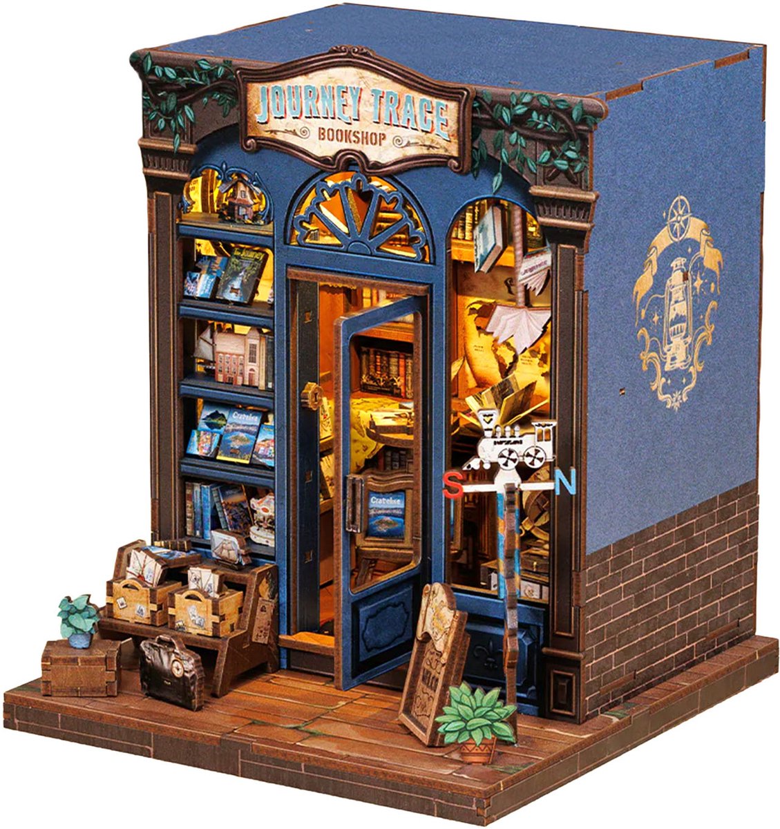 CuteBee miniatuur boekwinkel bouwpakket met wereldkaart en koffers